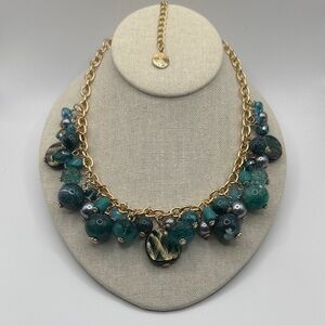 Coiris Emerald Green Teal faceted beads Goldtone Necklace NWOT